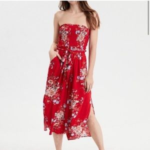 American Eagle Outfitters Red Floral Jumpsuit/Romper with Wide Legs